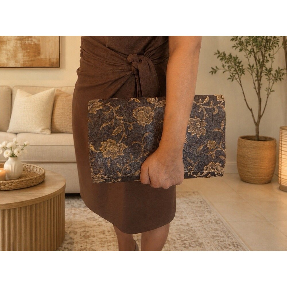 Vintage Margaret Smith Gardiner Maine Tapestry Floral Clutch Handbag Brown Tan